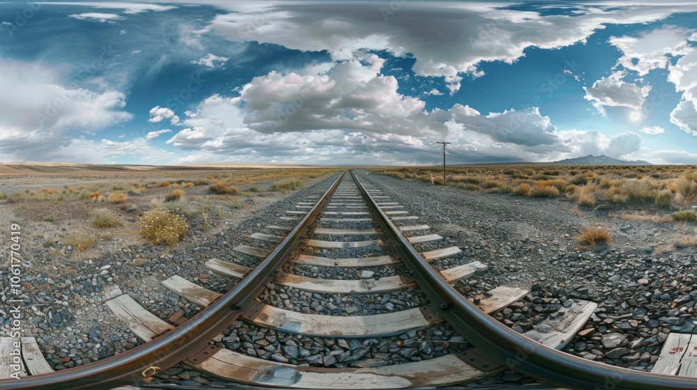 Obraz premium Panoramic desert view with train tracks, utility poles, and distant mountains under a vast sky. Image conveys solitude and vastness of desert landscape.