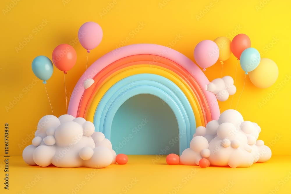 illustration of abstract 3d rainbow with clouds and colorful balloons illustration of abstract 3d rainbow with clouds and colorful balloons