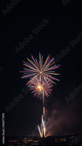 A firework display lights up the night sky over a city