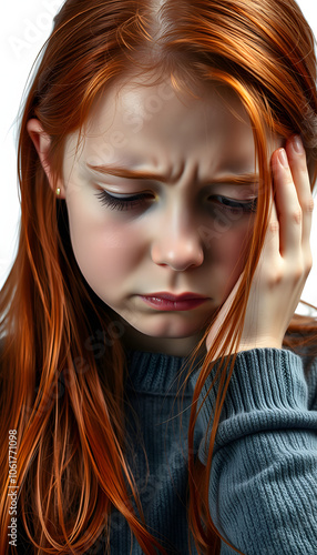 Sad cheerless red haired girl feeling stressed isolated with white highlights, png photo