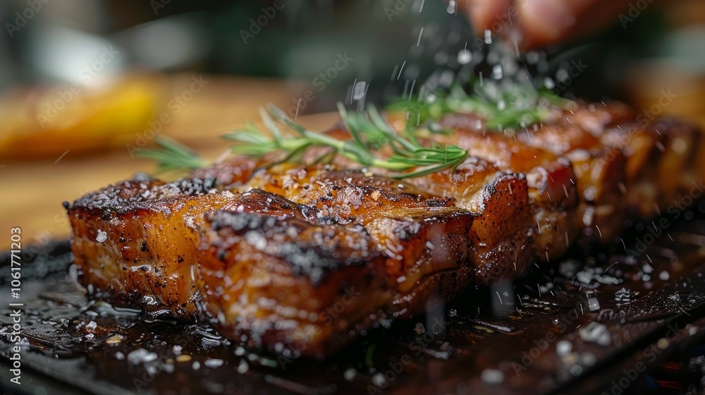Meat seasoned and garnished with rosemary on a black dish. Well-seared for crispy exterior and tender interior. Appetizing aroma. Meat seasoned and garnished with rosemary on a black dish. Well-seared for crispy exterior and tender interior. Appetizing aroma.