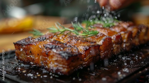 Meat seasoned and garnished with rosemary on a black dish. Well-seared for crispy exterior and tender interior. Appetizing aroma.