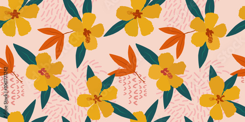 Tropical floral seamless pattern. Vector botanical background with hibiscus flowers, exotic leaves, abstract elements. Cute hand drawn illustration. Summer design for babies, kids, boys and girls