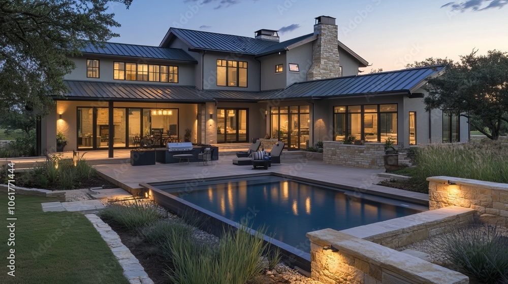 Modern Home with Patio, Pool, and Landscape Lighting at Night . Modern Home with Patio, Pool, and Landscape Lighting at Night .