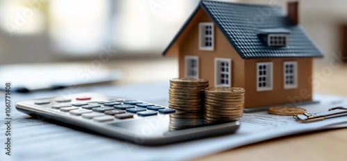 A calculator, a toy house, and coins representing homeownership expenses. photo