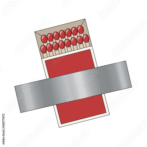 Minimal style matchbox patch duct tape to the white wall. Trendy art gallery template design with match box and adhesive tape. Vector illustration. EPS 10