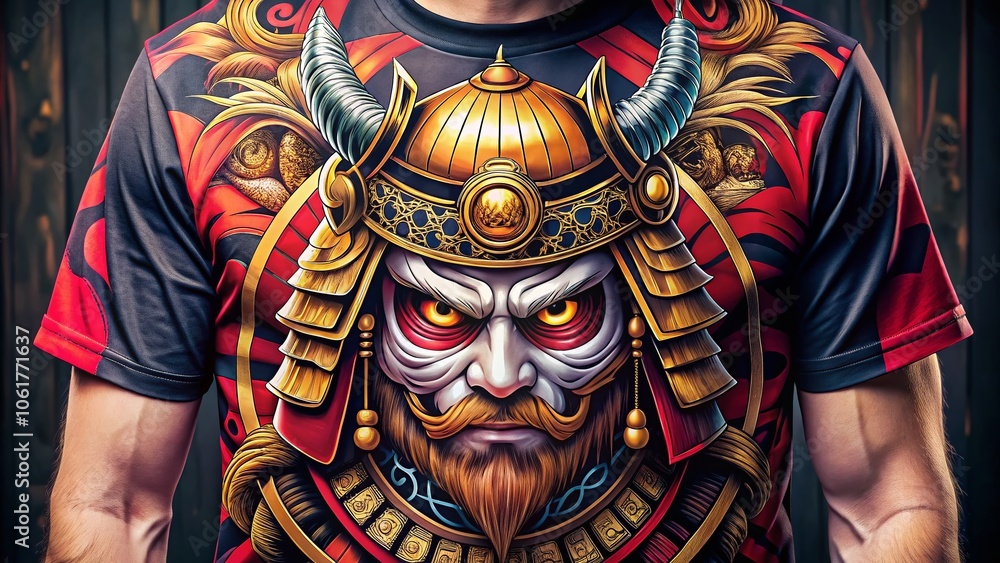 Fototapeta premium Daruma Samurai Gold Helmet T-Shirt Design - Japanese Artwork Vector Illustration for Fashion Photography, Unique Graphic Tee, Martial Arts, Cultural Symbolism, Modern Aesthetics