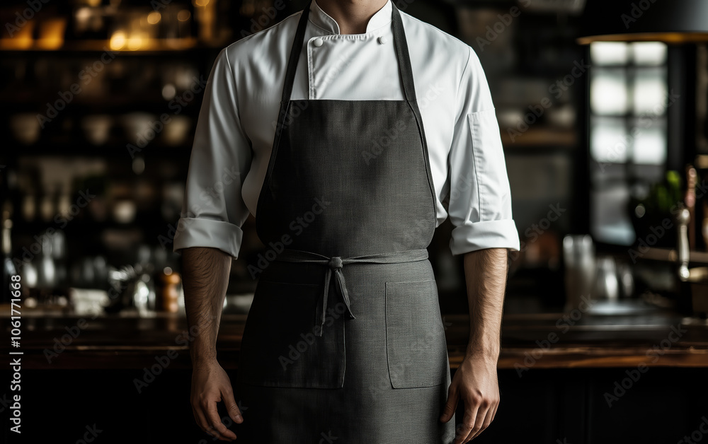 Fototapeta premium Chef kitchen apron. Chef cook in a uniform, kitchen apron, wearing protective apparel, culinary environment, food service setting, chef in kitchen interior, apron mock-up. Realistic style photo