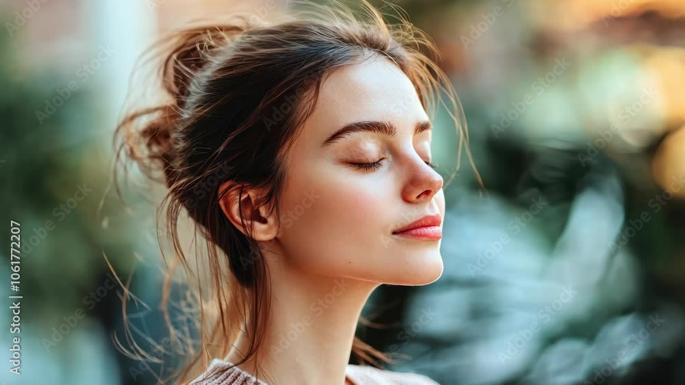 Serene woman with closed eyes finds tranquility in nature, surrounded by soft greenery and warm light, embodying beauty, peace, and calm in natural setting. Serene woman with closed eyes finds tranquility in nature, surrounded by soft greenery and warm light, embodying beauty, peace, and calm in natural setting.