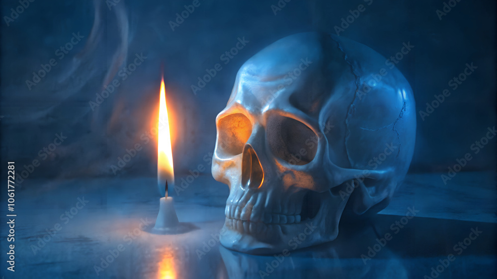 Mysterious skull and candle in dark, moody atmosphere Mysterious skull and candle in dark, moody atmosphere