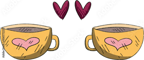 valentine's day hand drawn cute cups and heart. 14 february decor element 