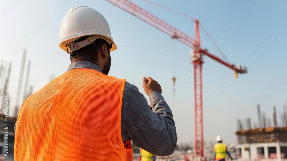 Construction site scene with a worker in a safety vest and helmet directing the project, showcasing teamwork and industrial development.