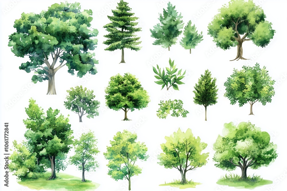 Fototapeta premium Set of watercolor green tree isolated on white background for landscape and architecture drawing, elements for environment and garden, botanical for section in spring