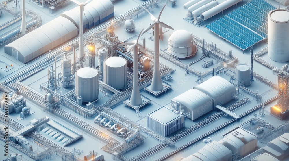 Decarbonization, wind and solar power in industrial zones, 3D illustration Decarbonization, wind and solar power in industrial zones, 3D illustration