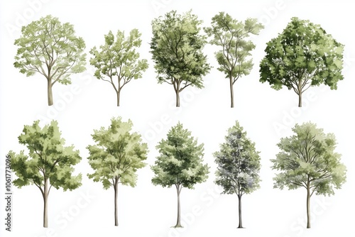 Set of watercolor green tree isolated on white background for landscape and architecture drawing, elements for environment and garden, botanical for section in spring  photo