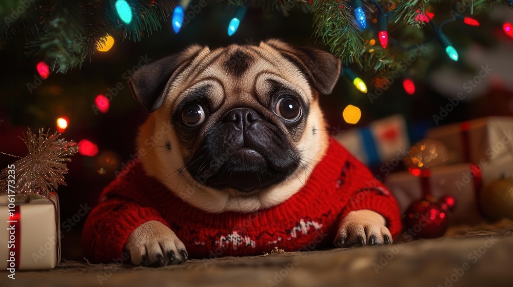 A festive pug in a cozy red sweater, lying under a Christmas tree adorned with colorful lights and gifts. A festive pug in a cozy red sweater, lying under a Christmas tree adorned with colorful lights and gifts.