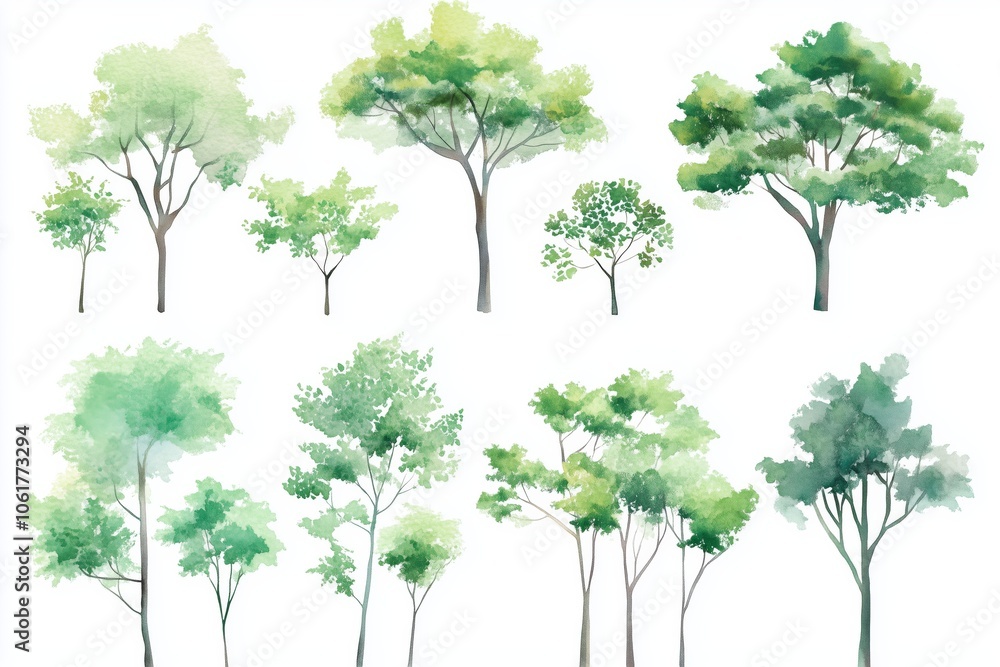 Fototapeta premium Set of watercolor green tree isolated on white background for landscape and architecture drawing, elements for environment and garden, botanical for section in spring 
