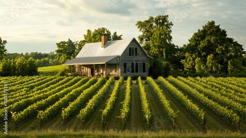 Rustic farmhouse with fields of crops surrounding it background
