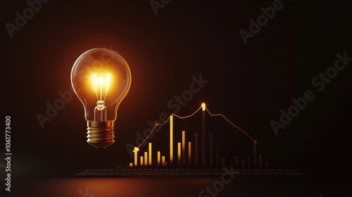 Coin and Light bulb shining over a graph, idea and business growth, 3D illustration 