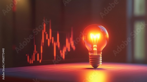 Coin and Light bulb shining over a graph, idea and business growth, 3D illustration 