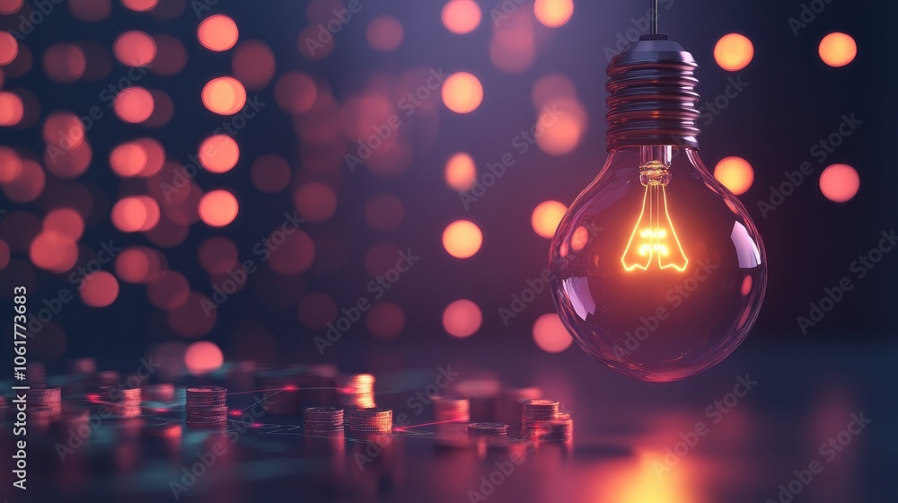 Coin and Light bulb shining over a graph, idea and business growth, 3D illustration Coin and Light bulb shining over a graph, idea and business growth, 3D illustration