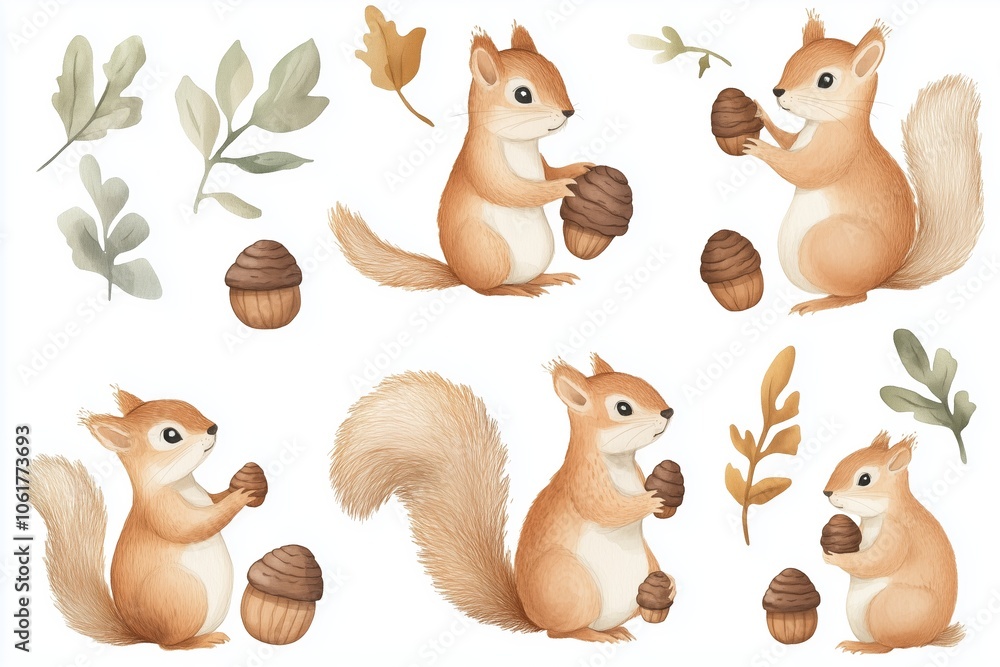 Naklejka premium The cute watercolor squirrel illustrations in this collection gather acorns in a playful manner 