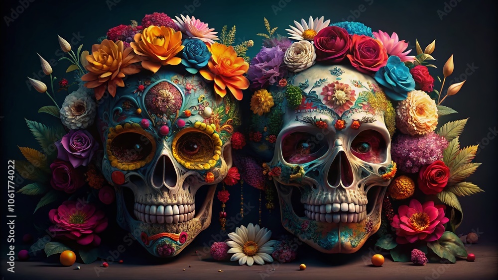 Dual Vibrant Sugar Skulls Surrounded by Colorful Flowers on Dark Backdrop - Day of the Dead Inspired Fashion Photography Dual Vibrant Sugar Skulls Surrounded by Colorful Flowers on Dark Backdrop - Day of the Dead Inspired Fashion Photography