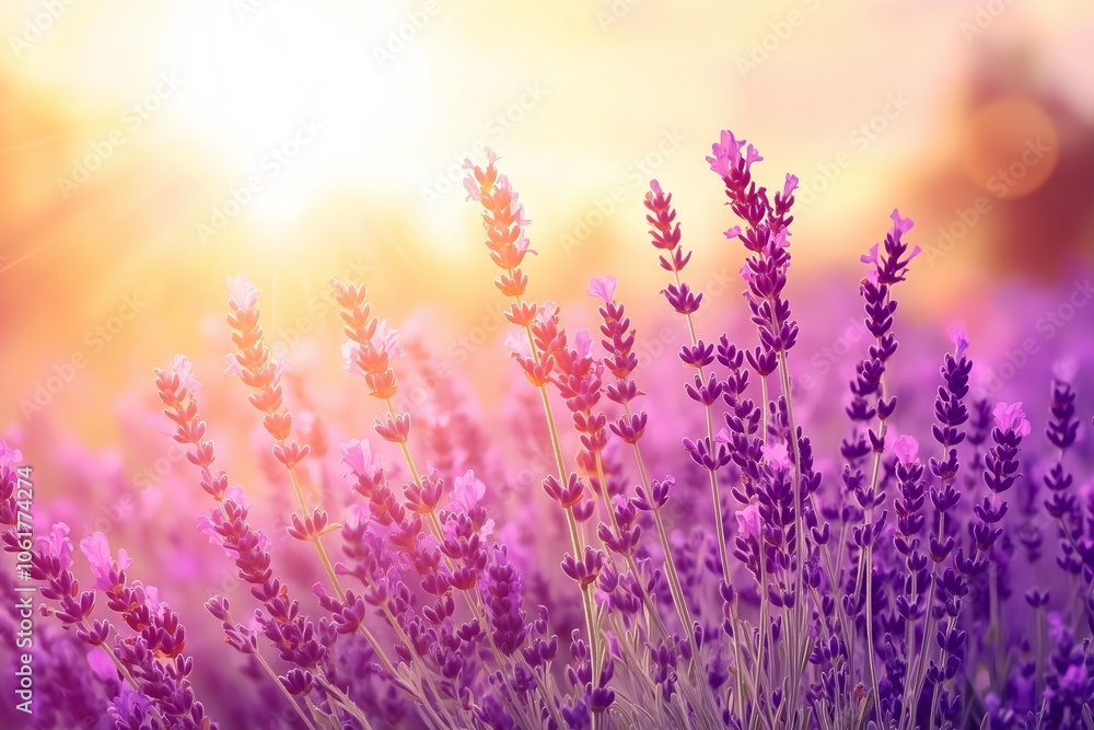 Naklejka premium Watercolor lavender field. Sunset lavender field. Violet background. France Provence. Spring summer postcard banner. Fragrant flowers. Aroma 