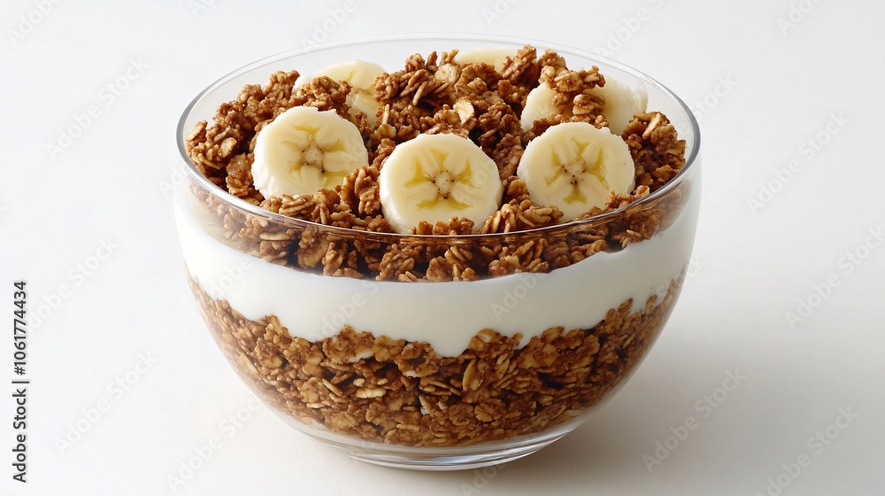 Granola with Yogurt and Banana Slices in a Glass Bowl Granola with Yogurt and Banana Slices in a Glass Bowl