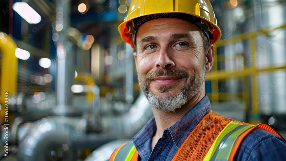 Smiling man in safety gear, hard hat, and reflective vest exudes confidence and professionalism in industrial factory setting, showcasing commitment to safety as dedicated worker. Smiling man in safety gear, hard hat, and reflective vest exudes confidence and professionalism in industrial factory setting, showcasing commitment to safety as dedicated worker.