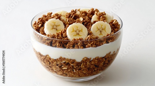 Granola with Yogurt and Banana Slices in a Glass Bowl