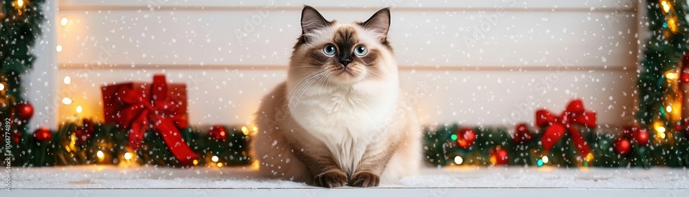 A festive cat sitting in front of holiday decorations, surrounded by lights and ornaments, creating a cozy, seasonal atmosphere.