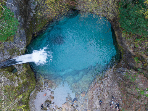 Albania Alps. Theth village autumn colors, Theth blue eye river