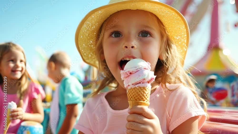 Joyful girl enjoying colorful ice cream cone at summer fun fair, surrounded by smiling friends, creating cheerful outdoor atmosphere filled with happiness. Joyful girl enjoying colorful ice cream cone at summer fun fair, surrounded by smiling friends, creating cheerful outdoor atmosphere filled with happiness.