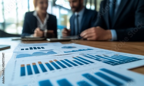 A close-up view of a table with financial reports and blurred business people in the background.