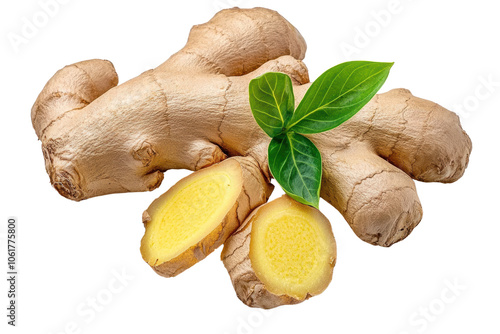 Fresh Ginger Root with Green Leaves and Slices