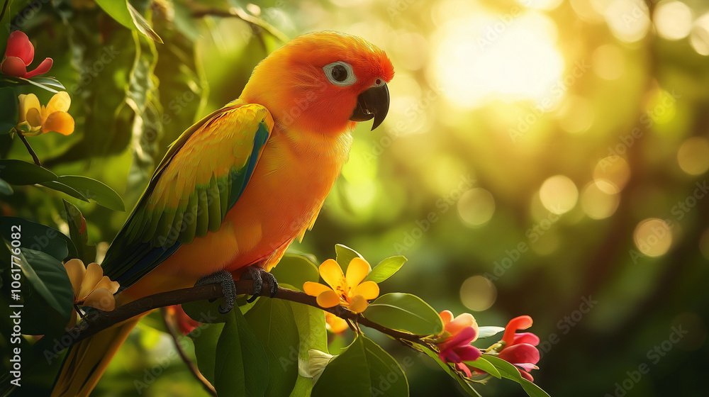 A vibrant Sun Conure parrot perched on a tropical branch, surrounded by lush green leaves and colorful flowers, with the sunlight casting a soft glow on its feathers A vibrant Sun Conure parrot perched on a tropical branch, surrounded by lush green leaves and colorful flowers, with the sunlight casting a soft glow on its feathers