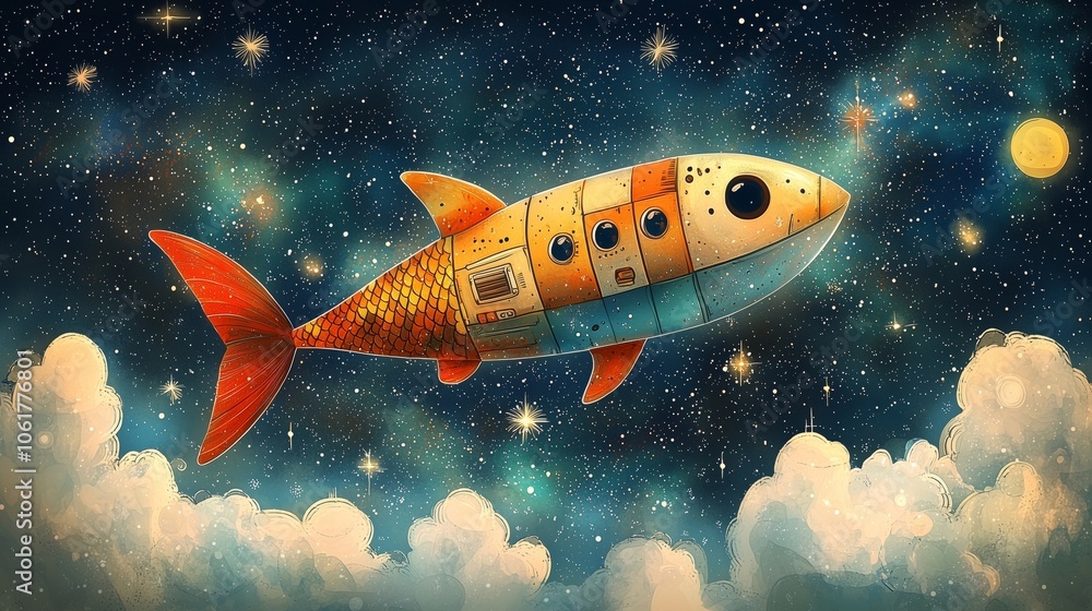 A Colorful Whimsical Rocket Fish Soaring Through Space A Colorful Whimsical Rocket Fish Soaring Through Space