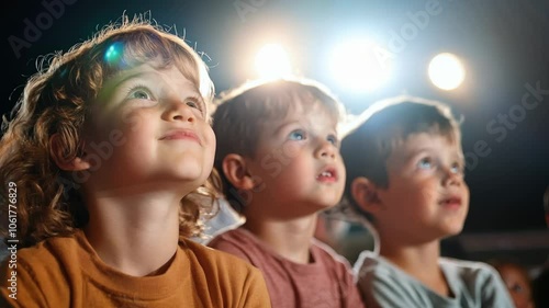 Three children captivated by performance, their expressions filled with joy and curiosity, illuminated by bright lights, reflecting excitement and wonder to audience.