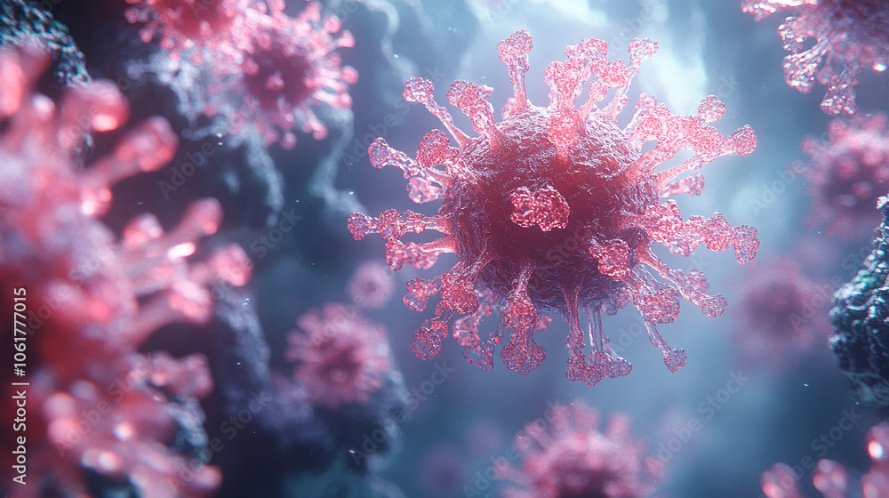 3D model of the virus with detailed structure, including surface spikes, capsid and genetic material, rendered in vibrant colors for visualization, ideal for scientific and educational purposes 3D model of the virus with detailed structure, including surface spikes, capsid and genetic material, rendered in vibrant colors for visualization, ideal for scientific and educational purposes