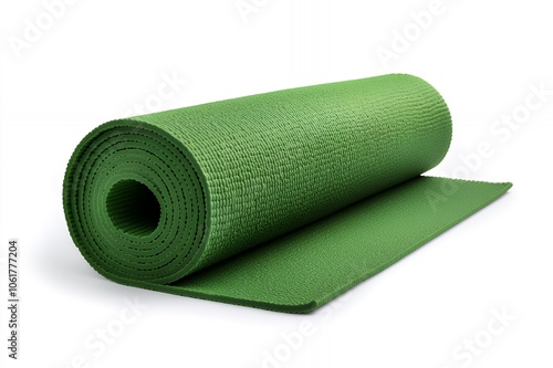 Rolled green yoga mat isolated on white background.