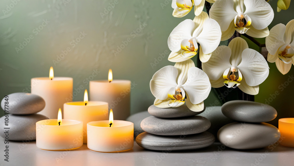 Elegant white orchid flowers and stacked smooth stones with lit candles, creating a serene and calming spa atmosphere on a soft green background. Elegant white orchid flowers and stacked smooth stones with lit candles, creating a serene and calming spa atmosphere on a soft green background.