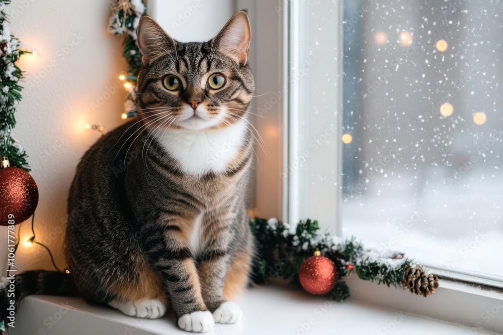 A cozy tabby cat sits by a frosty window, surrounded by festive decorations, creating a warm, holiday atmosphere. A cozy tabby cat sits by a frosty window, surrounded by festive decorations, creating a warm, holiday atmosphere.