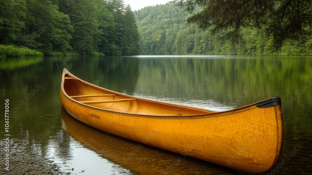 Wooden canoe on tranquil lake surrounded by trees background Wooden canoe on tranquil lake surrounded by trees background