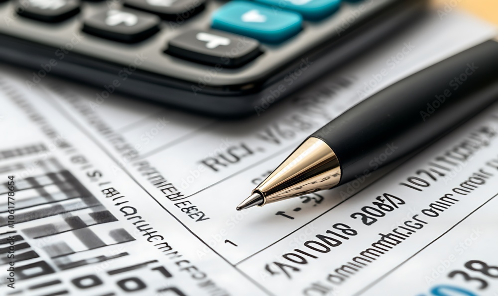 A calculator, pen, and financial documents on a desk, suggesting accounting or budgeting tasks. A calculator, pen, and financial documents on a desk, suggesting accounting or budgeting tasks.