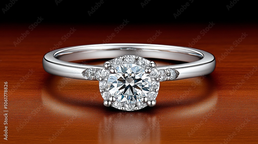 Diamond Engagement Ring with Halo Setting on Wooden Background Diamond Engagement Ring with Halo Setting on Wooden Background