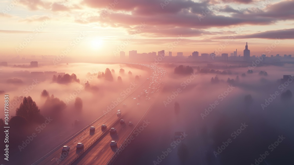 City Skyline Silhouetted by Dense Fog During a Pink Sunset, with Cars Driving on a Highway Below, Showing the Effects of Air Pollution City Skyline Silhouetted by Dense Fog During a Pink Sunset, with Cars Driving on a Highway Below, Showing the Effects of Air Pollution