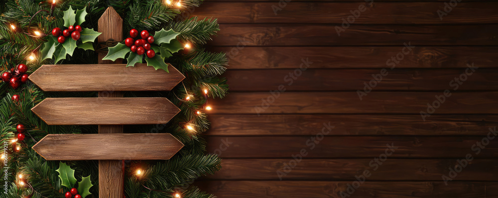 Wooden directional sign with Christmas decorations, including holly and lights, on a rustic wooden background. Wooden directional sign with Christmas decorations, including holly and lights, on a rustic wooden background.