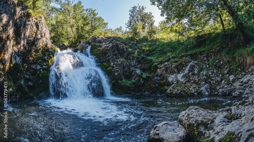 Serene waterfall cascading through lush greenery in a tranquil forest setting Serene waterfall cascading through lush greenery in a tranquil forest setting