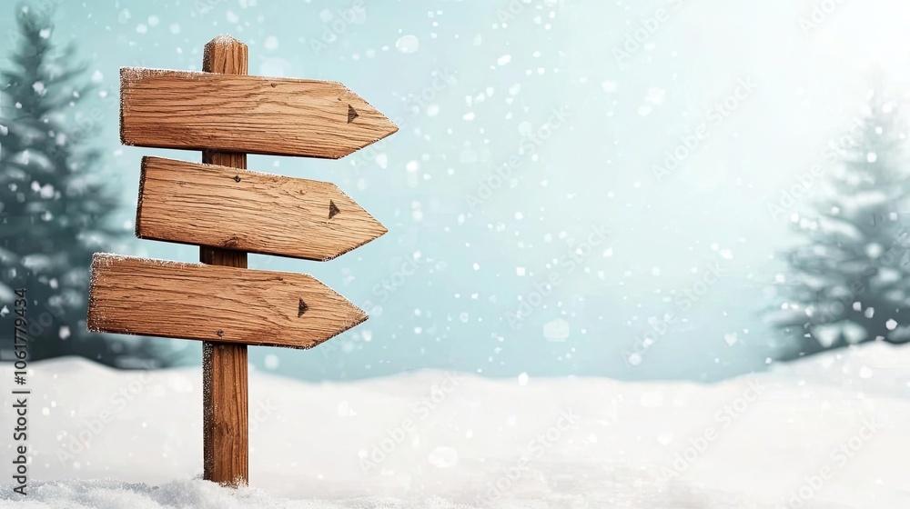 Fototapeta premium Wooden directional signpost in a snowy landscape with flurries, surrounded by evergreen trees, evoking a sense of adventure and exploration.